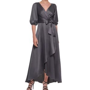 DKNY - Black 3/4-Sleeve Belted Faux-Wrap Gown
